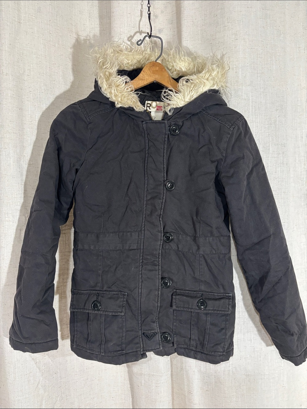 Roxy Girls Black Hooded Jacket with Cream Faux Fur Trim